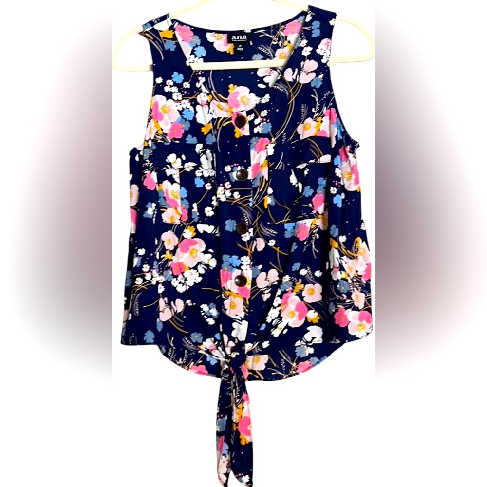 A.N.A. Blue/Pink/Yellow/White Floral Sleeveless Tie Front Top, Sz Medium, GUC.